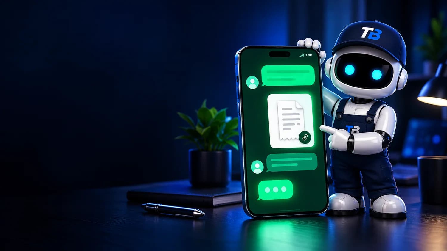 Mascota TECHBOT junto a una representación de comprobantes en un chat