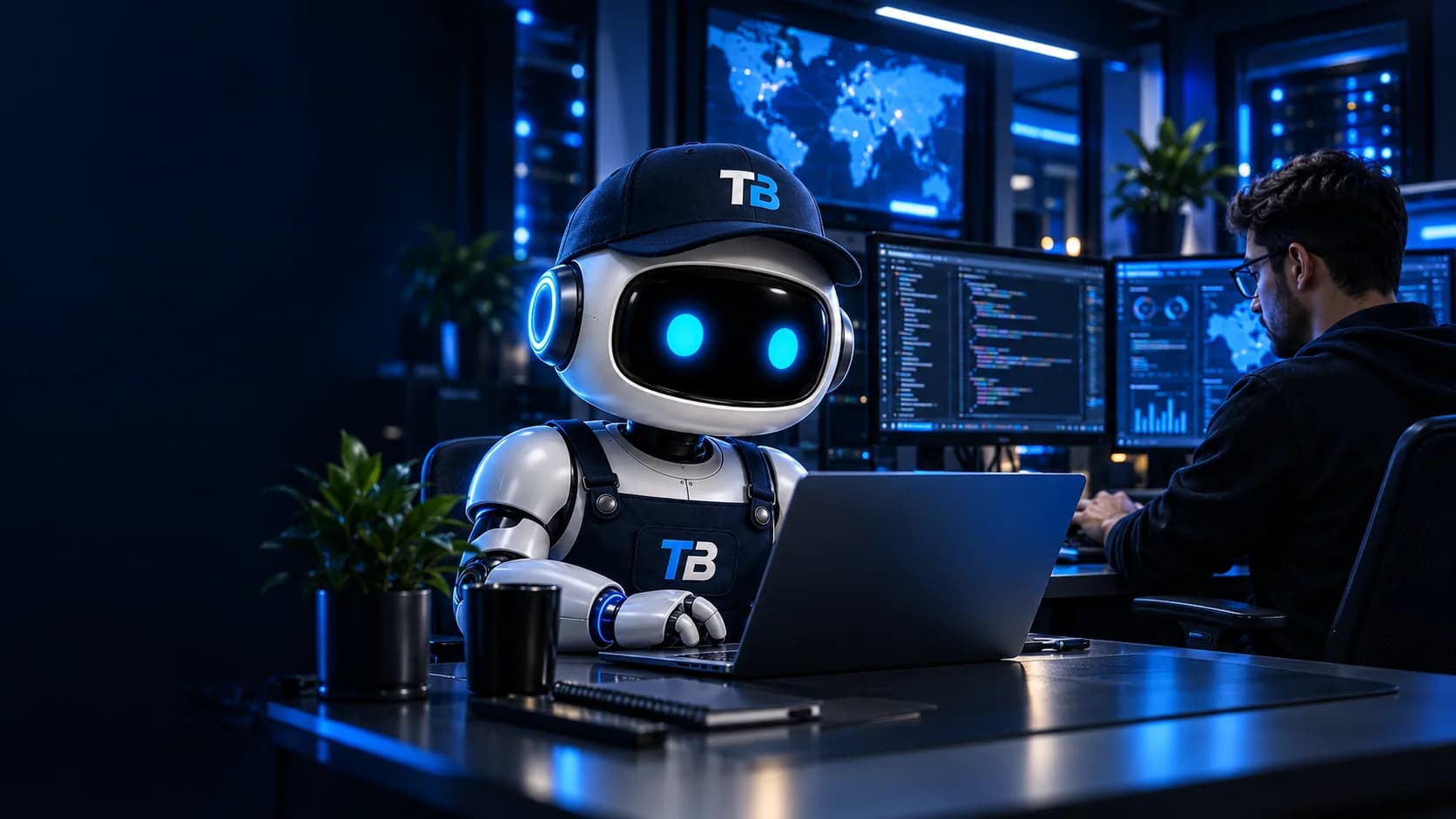 TECHBOT junto a un desarrollador en un estudio tecnológico